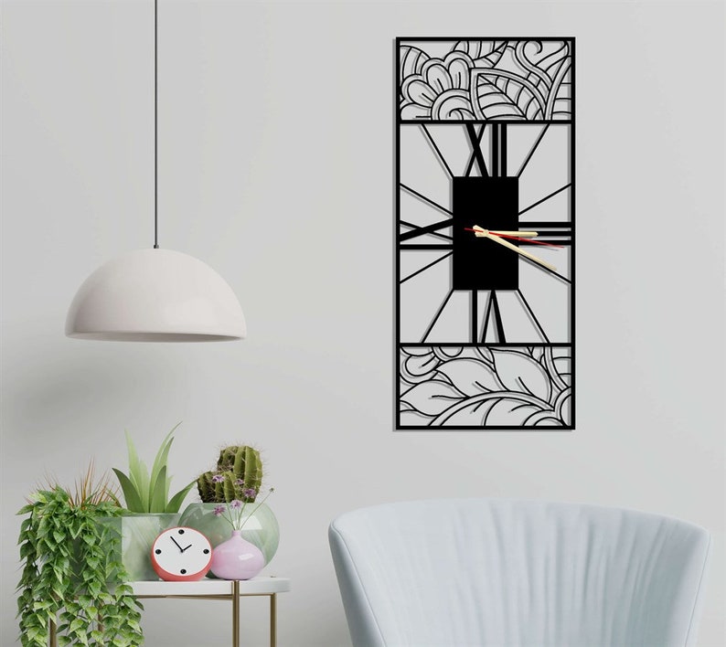 Rectangle Metal Wall Clock, Minimalist Floral Design, Silent Oversized ...