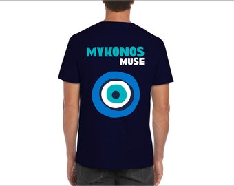 Gemischtes T-Shirt „MYKONOS“, T-Shirt mit Stadtnamen, T-Shirt für sie, T-Shirt für ihn, Urlaubs-T-Shirt, Baumwoll-T-Shirt, Griechenland, Urlaub