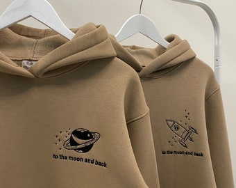 Sudadera con capucha/cuello redondo para pareja, sudadera bordada "a la luna y de vuelta", San Valentín, regalo, sudadera de boda, regalo de boda bordado