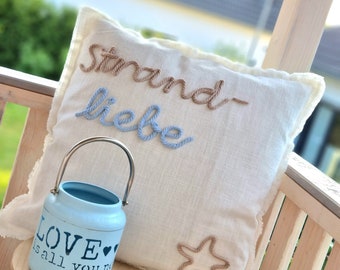 Boho Kissenbezug mit Fransen Kordel-Schriftzug Strandliebe Motiv Seestern Sommer Wohndekoration Geschenk maritim boho Strand Beach