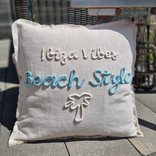 Boho Kissenbezug natur mit Fransen und Kordel-Schriftzug Ibiza Vibes Beach Style Palme Sommer Wohndekoration Geschenk maritim boho Strand