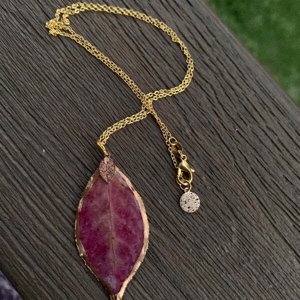 Red/ burgundy and pink, real  fall leaf, flower necklace , resin jewelry, hand made garden jewelry/neckace