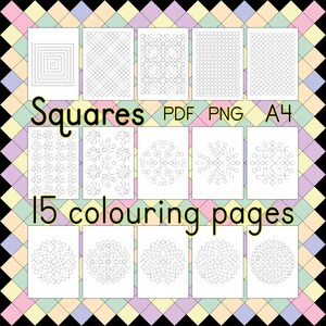 Puede incluir: Una colección de 15 páginas para colorear con varios patrones geométricos cuadrados sobre fondos blancos. El texto "Squares", "PDF", "PNG", "A4" y "15 colouring pages" aparece en negro sobre un fondo de patrón de diamantes pastel.