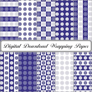 May include: A collection of ten digital wrapping paper patterns featuring blue and white floral motifs. The designs include vertical stripes, checkerboard squares, and solid blue or white backgrounds with repeating daisy-like flower icons.