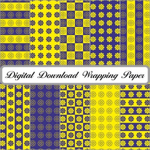 May include: Digital download wrapping paper featuring six different patterns with yellow and purple flowers on a blue background. The text "Digital Download Wrapping Paper" is displayed at the top of the image.