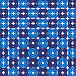 May include: A seamless pattern with repeating blue and dark blue concentric circles and diamond shapes on a white background.