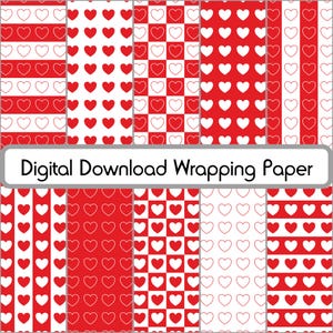 May include: Digital download wrapping paper with eight different patterns featuring red and white hearts. The patterns include stripes, polka dots, and checkered designs.