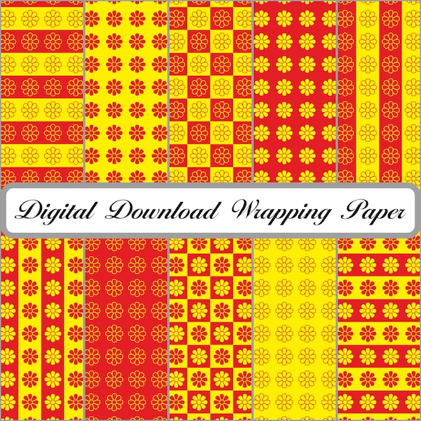 Red and Yellow Flowers Wrapping Paper Digital Download