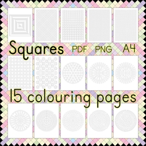 May include: A digital collection of 15 coloring pages featuring geometric square patterns in black and white. The text Squares PDF PNG A4 15 colouring pages is displayed over a background of pastel colored diamonds. Each page shows a unique design.