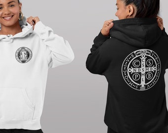 Catholic Saint Hoodie, Saint Benedict Medal Sweatshirt, St. Benedict, Pray for Us, Unisex Hoodie, Religious Gift, Unisex Fleece Hoodie