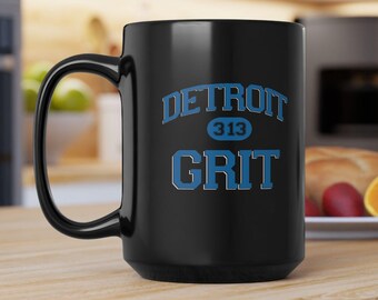 Detroit Grit 313 Detroit Football 15oz. Mug | Coffee Cup | Blue Lettering Mug | Black Ceramic Coffee Cup