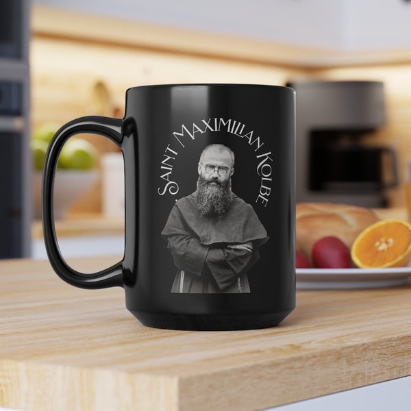 Saint Maximilian Kolbe Mug, Catholic Saint Coffee Cup, St. Maximilian Kolbe Coffee Mug, Religious Gift, Traditional Catholic Black Mug, 15oz