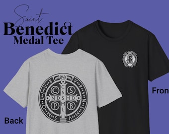 Catholic Saint Tee, Saint Benedict Medal T-shirt, St. Benedict, Pray for Us, Unisex Tee, Religious Gift, Unisex Fleece Tee