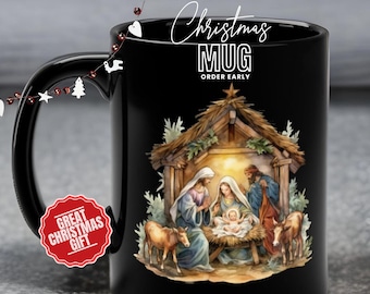 Vacker julmugg med julmotiv, kaffekopp med den heliga familjen, Jesus Maria och Josef-mugg, jul, religiös gåva, jul, 30 cl svart mugg