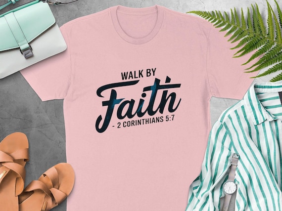 Walk by Faith Christian Sweatshirt, 2 Corinthians 5:7 Bible Verse, Religious Apparel, Tee Hoodie, Graphic is black with a splash of blue