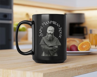 Saint Maximilian Kolbe Mug, Catholic Saint Coffee Cup, St. Maximilian Kolbe Coffee Mug, Religious Gift, Traditional Catholic Black Mug, 15oz