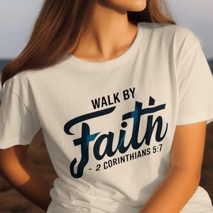 Walk by Faith Christian Sweatshirt, 2 Corinthians 5:7 Bible Verse, Religious Apparel, Tee Hoodie, Graphic is black with a splash of blue image 2