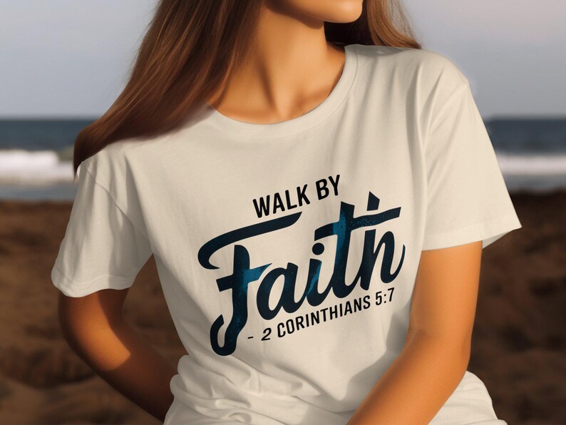 Walk by Faith Christian Sweatshirt, 2 Corinthians 5:7 Bible Verse, Religious Apparel, Tee Hoodie, Graphic is black with a splash of blue image 2
