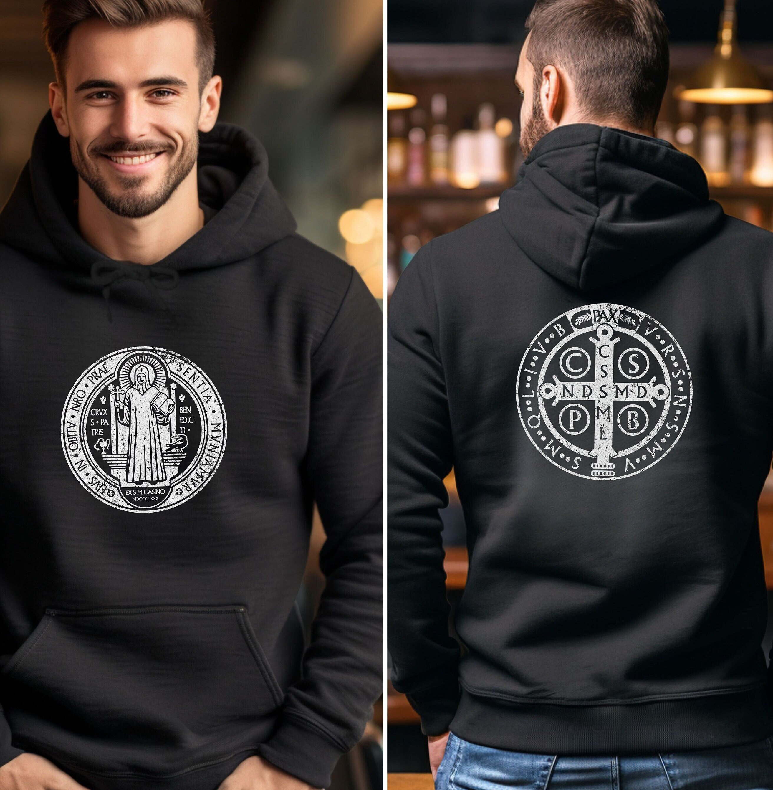 Catholic Saint Hoodie, Faded Saint Benedict Medal Sweatshirt, St. Benedict, Pray for Us, Unisex Hoodie, Religious Gift, Unisex Fleece Hoodie