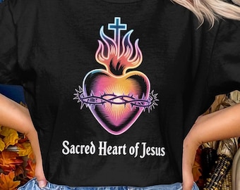 Koszulka z nadrukiem "Comfort Colors Catholic Sacred Heart of Jesus", tradycyjna koszulka z wizerunkiem świętego rzymskokatolickiego, idealny prezent katolicki dla wiernych
