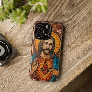 Katolskt telefonskal, Jesu heliga hjärtas tåligt skal, iPhone Google Pixel Samsung, traditionell gatukonstdesign, vädjan till troende