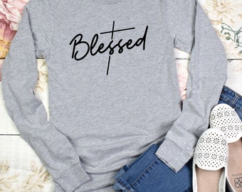 Camiseta de manga larga / Camiseta de manga larga "Blessed" / Camiseta de calidad Bella+Canvas, camiseta de fe, ropa cristiana, camiseta con cruz, diseño original