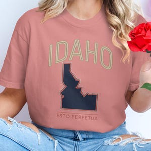 May include: A dusty rose t-shirt featuring the word "IDAHO" in a light tan, arched font above a navy blue outline of the state. Below the state outline is the phrase "ESTO PERPETUA" in a light tan font.