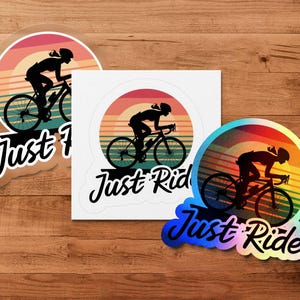 Cycling Stickers for Bike Lovers, Just Ride Bike Decal, Bicycle Silhouette Sticker, Great for Car Windows, Holographic or Transparent