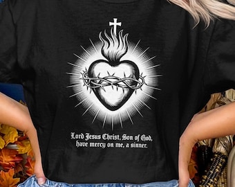 Koszulka z napisem „Najświętsze Serce” w kościele katolickim, koszulka w wygodnych kolorach, koszulka z motywem świętego katolickiego, tradycyjny strój katolicki, wyjątkowy prezent katolicki