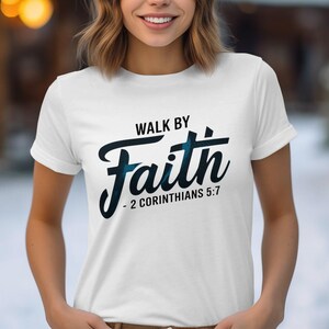 Walk by Faith Christian Sweatshirt, 2 Corinthians 5:7 Bible Verse, Religious Apparel, Tee Hoodie, Graphic is black with a splash of blue image 3