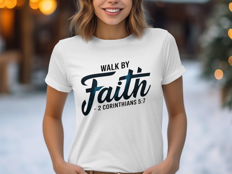 Walk by Faith Christian Sweatshirt, 2 Corinthians 5:7 Bible Verse, Religious Apparel, Tee Hoodie, Graphic is black with a splash of blue image 3