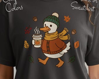 Przytulna gęś w jesiennym stroju: koszulka w wygodnych kolorach lub bluza z okrągłym dekoltem, uroczy jesienny T-shirt, idealny prezent na jesień, zabawny wzór ze zwierzętami, kaczka