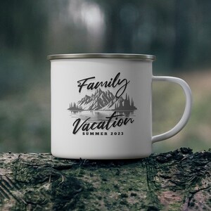 Family Vacation Camping Mug, Mountains 2023, 12 oz. Enamel Camping Mug, Rugged, Sturdy