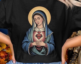 Virgin Mary Comfort Colors T-Shirt, Catholic Saint T-Shirt, Traditional Catholic Apparel, Sacred Heart of Mary, Catholic Gift