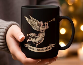 Angel Christmas Mug, Gloria In Excelsis Deo Mugs and Glassware, Holiday Mugs, Christmas Gift Mugs, Angel with Trumpet, Christmas Decor