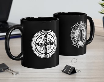 Saint Benedict Mug, St. Benedict Medal Design on Coffee Cup, Saints, Catholic, Prayer Mug, Christian, Monastic 11oz Black Mug