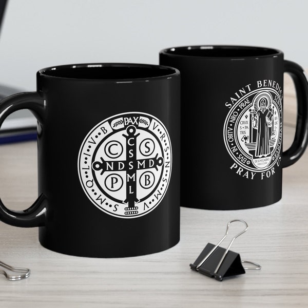 Saint Benedict Mug, St. Benedict Medal Design on Coffee Cup, Saints, Catholic, Prayer Mug, Christian, Monastic 11oz Black Mug