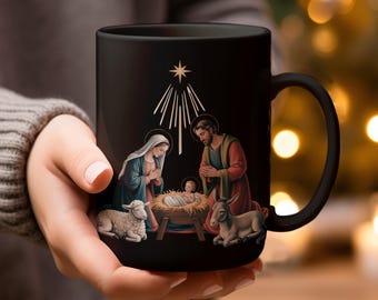 Nativity Scene Mugs and Glassware, Christmas Mugs, Christian Mugs, Holy Family Mugs, Religious Mugs, Joseph Mary and Baby Jesus Mugs, 11oz