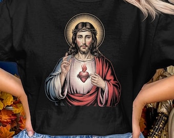 Koszulka z nadrukiem "Najświętsze Serce Jezusa" w kolorach pocieszenia, koszulki z wizerunkami świętych katolickich, idealny prezent katolicki dla katolików, tradycyjny katolicki