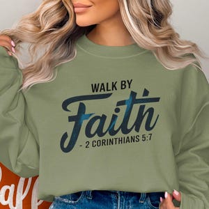 Walk by Faith Christian Sweatshirt, 2 Corinthians 5:7 Bible Verse, Religious Apparel, Tee Hoodie, Graphic is black with a splash of blue image 5