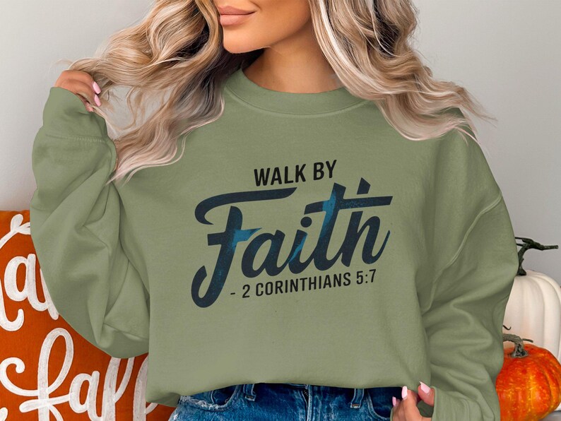 Walk by Faith Christian Sweatshirt, 2 Corinthians 5:7 Bible Verse, Religious Apparel, Tee Hoodie, Graphic is black with a splash of blue image 5