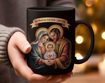 Holy Family Mugs and Glassware, Jesus Christmas, John 1 14 Verse, Christian Mugs, Religious Gift Idea, Mother Mary Mug, Saint Joseph Mug