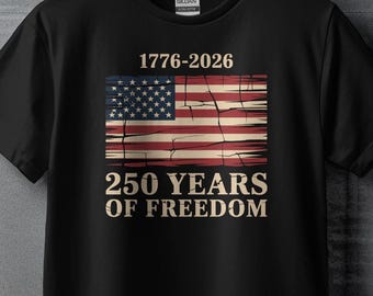 Celebrate 250 Years of Freedom Patriotic American Flag T-Shirt, Perfect for 4th of July, Veterans and USA Lovers, 1776 Emblem Sleeve Tee