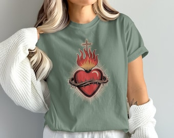 コンフォートカラーのTシャツ、イエスの聖心デザイン、カトリックアパレル、伝統的なカトリックギフト、カトリック教徒のための宗教服