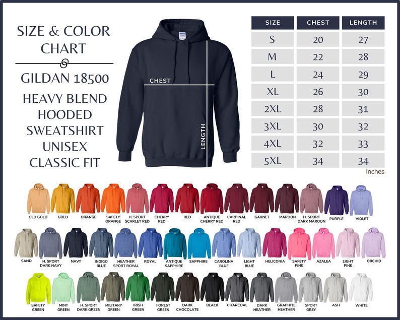 May include: A size chart for a Gildan 18500 heavy blend hooded sweatshirt in unisex classic fit. The chart shows sizes from S to 5XL with corresponding chest and length measurements in inches. The sweatshirt is available in a variety of colors, including navy, red, green, purple, and more.