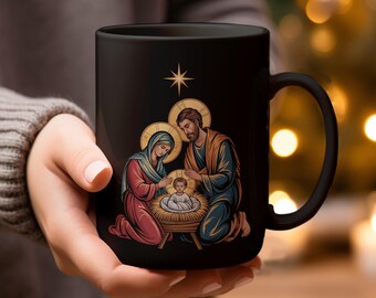 Christmas Nativity Mugs and Glassware, Holy Family Mugs, Religious Gifts, Christian Art, Jesus, Mary, Joseph, Manger Scene, Christmas Gift