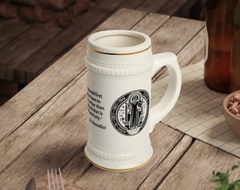 Saint Benedict Catholic Beer Stein, Vintage Style Beer Stein, St. Benedict, Christian Beer Glass, Religious Gift, Boyfriend Gift, Mens Gift