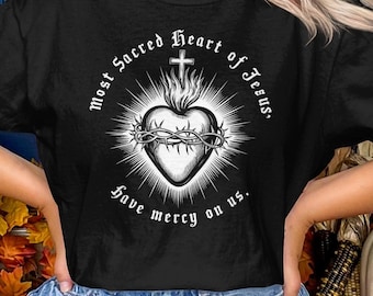 Koszulka z Najświętszym Sercem Jezusa, Koszulki z katolickimi świętymi, Koszulka w wygodnych kolorach, Tradycyjny prezent katolicki, Religijna koszulka katolicka