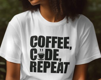 コーヒーコードリピートシャツ、面白いプログラマーTシャツ、オタクギフト、ソフトウェア開発者Tシャツ、コーヒー愛好家Tシャツ、カジュアルウェア、コンピューターITギフト