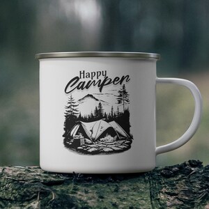 Happy Camper Mug, Camping Mug, Mountains 2023, 12 oz. Enamel Camping Mug, Rugged, Sturdy